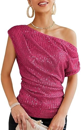GRACE KARIN Damen Pailletten Oberteil One-Shoulder Festliches Party Outfit | Raffiniertes Design, Asymmetrischer Schulterausschnitt, Funkelnde Pailletten, Leicht dehnbar, Vollständ