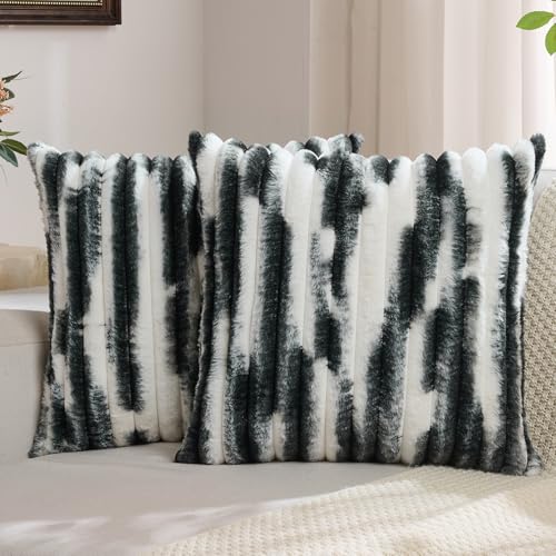 FUTEI Pack of 2 Faux Fur Plush Throw Pillow Covers 18x18 Inch Soft Tie Dye Striped Textured Farmhouse Decorative Cushion Covers Modern Home Decor for Couch Bed Living Room Black White