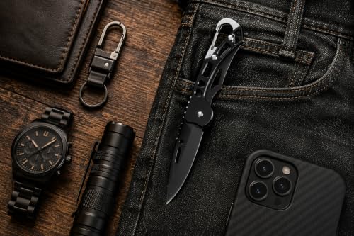 Image of Foldable Pocket Knife with Carabiner Clip - 6 Inch Carbon Steel Manual Folding Blade for Kitchen, Camping, Travel and Office Use | Multipurpose Box Opener Utility Knife