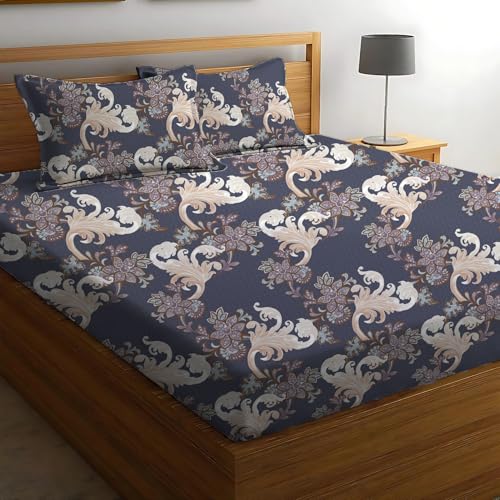 Image of DECOREZA Premium Cotton Feel Elastic Fitted Bedsheet Queen Size 60 x 78 Inch with 2 Pillow Covers | All-Around Elastic | Soft & Breathable | Mattress Upto 10 Inches (Blue Damask)
