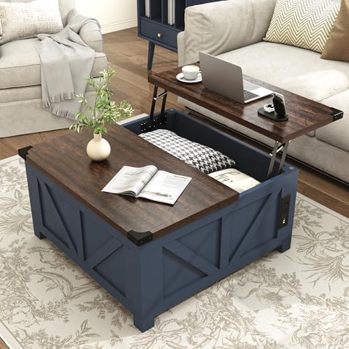 jimeimen Farmhouse Lift Top Coffee Table with Storage, Wood Square Center Table with Charging Station&USB Port, Living Room Table w/Large Hidden Space, for Living Room, Bedroom, Home Office, Blue