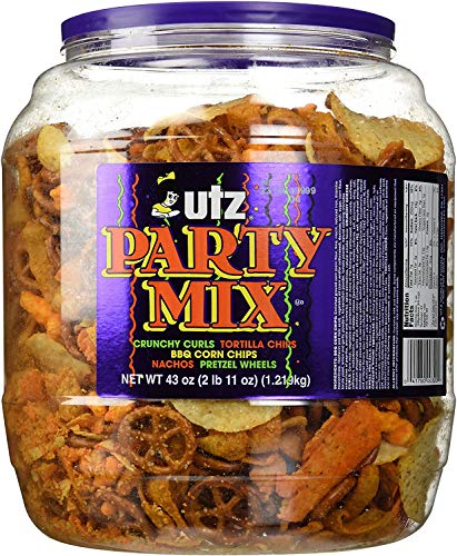 Utz Party Mix - 43 Ounce Barrel - Tasty Snack Mix Includes Corn Tortillas, Nacho Tortillas, Pretzels, Bbq Corn Chips And Cheese Curls, Easy And Quick Party Snack, Cholesterol Free And Trans-Fat Free #TOP15