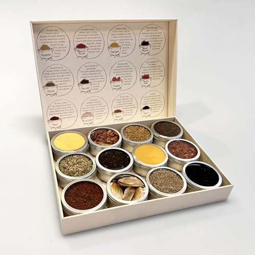 Ottolenghi Spice Kit. Confezione regalo con 12 spezie dai libri di cucina di Ottolenghi. 4 ricette. PaperWise. Illustrazioni disegnate a mano.