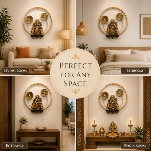 Image of STREET CRAFT - Metal Ganesha Wall Hanging with Diya Stand Golden Ring Frame Spiritual Decorative Item for Home Temple Living Room Festive Use (Size 15x15 Inch)