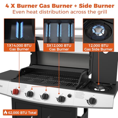 Image of Gas Grill 5-Burner Outdoor Propane Grill Gas BBQ Grill Barbecue Grills | 645 Sq.in, Searing Burner, Side Burner, Glass Window, Porcelain-Enameled Grates, Stainless Steel Outdoor BBQ Grill Cooking