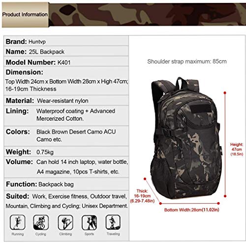 Huntvp® 25 litre tactical rucksack, Molle school bag, military bag, daypack, waterproof, mini adult daypack, sports rucksack, trekking rucksack for outdoor sports, fitness, hiking - Image 4