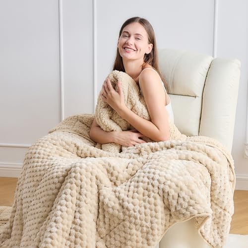 Wemore Fleece Weighted Blanket for Adults (60" x 80" 20lbs, Khaki), Dual Sided Cozy Soft Sherpa Heavy Blanket, 3D Imitation Turtle Shell Warm Jacquard Flannel Weighted Blankets for Couch and Bed
