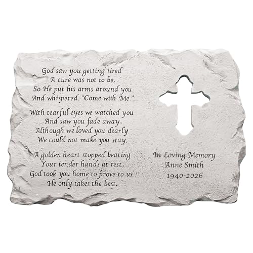 Let's Make Memories Personalized Cross Memorial Stone - Sympathy Condolences - Grave Marker - Durable Indoor/Outdoor Resin Garden Stone - Laser Engraved Verse + Custom Message - Cross Cutout