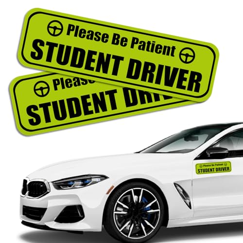 Hirificing 2PCS Student Driver Sticker Magnet for Car, New Driver Magnet Please Be Patient Highly Reflective Removable Student Driver Safety Sign Sticker for Car Door/Trunk/Hood/Bumper Decal(Green)