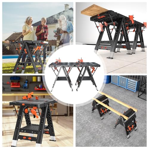 Combined Portable Folding Work Table,2-in-1 Sawhorse & Workbench,Waterproof Workbench with Extra Load Capacity with 8 Woodworking Clamps,8 Connecting Blocks,4 Limit Blocks
