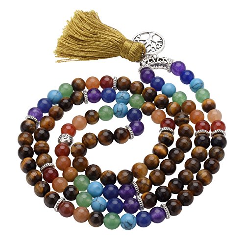Top Plaza 7 Chakra Mala Prayer Beads 108 Meditation Healing Multilayer Bracelet/Necklace W/Tree of Life Tassel Charm(Tiger Eye Stone)