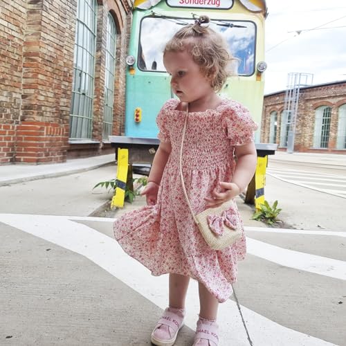 Toddler Girls Floral Dress Square Neck Puff Sleeve A-Line Smocked Dress with Bag Toddler Girls Summer Outfits2