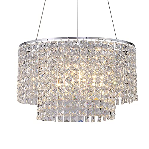 3 Lights Round Crystal Chandelier, 2-Tier Square Chain Ceiling Lighting, Adjustable Pendent Hanging Light for Living Room, Dining Room, Kitchen, Office, E12 Base, H9.9'' x W15.75'', Chrome