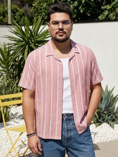 Image of Urbano Plus Men's Cotton Half Sleeve Relaxed Fit Linen Striped Shirt with Cuban Collar