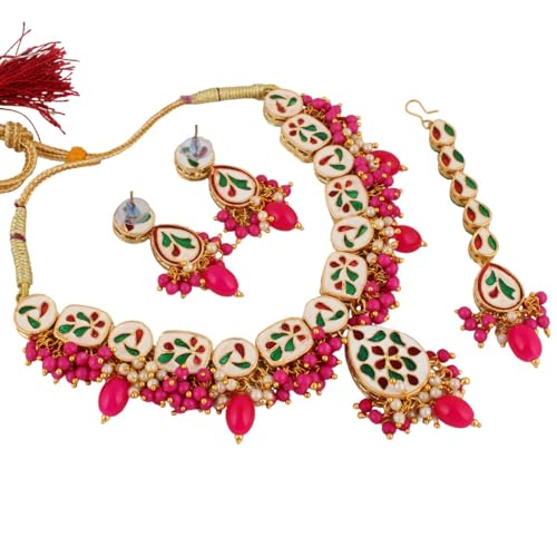 Image of Lucky Jewellery Meenakari 18k Gold Plated Tika Earring Combo Uncut Big Faux Kundan Choker Necklace set