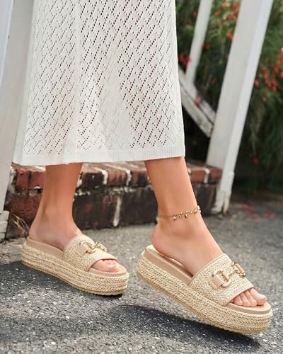 Image of Coutgo Womens Platform Sandals Raffia Espadrilles Metal Chain Slip on Open Toe Cute Beach Slide Sandals
