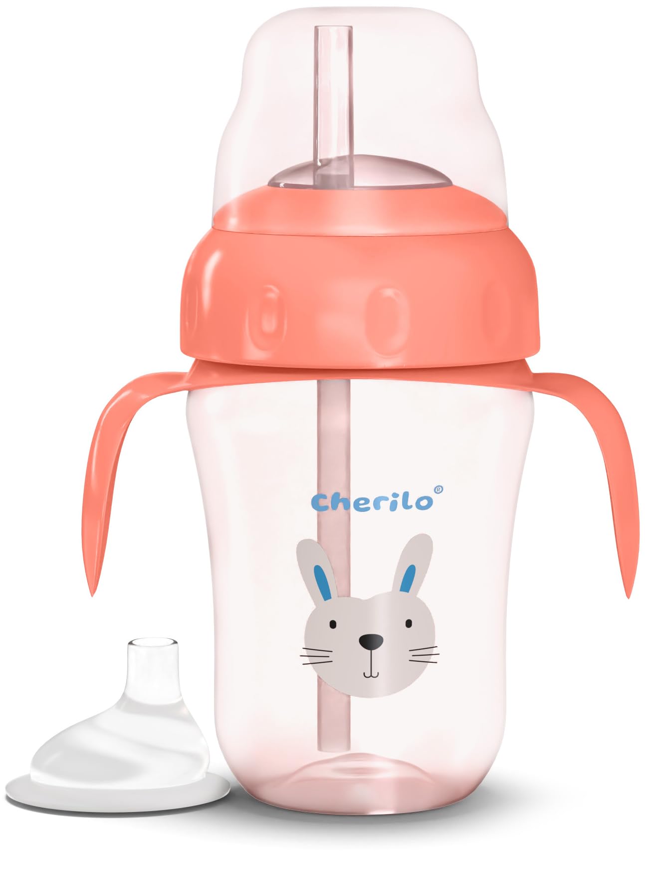 cherilo little bunny baby sipper bottle for kids, anti-spill sipper for baby 6 to 12 months, silicone spout & straw baby water bottle with handle, non-toxic, bpa free, pink, 210ml, 6m+