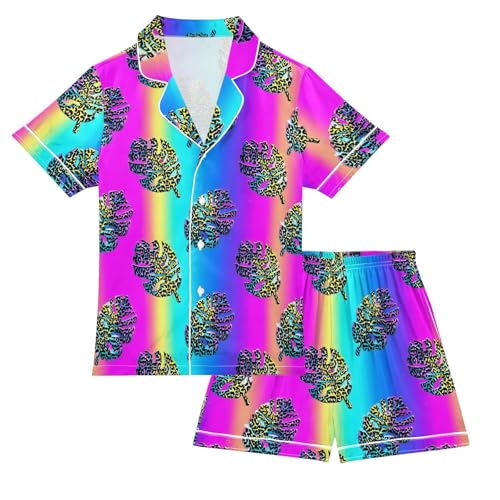 Turtle Shell Leaf Pattern Pajamas Sets Short Sleeve Silk Stain Pjs Button Down Sleepwear for 5-14Y