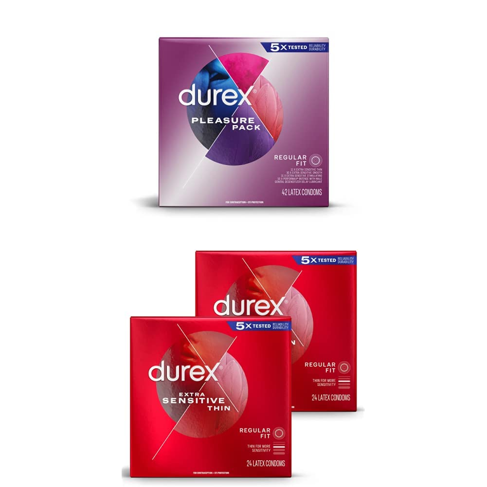 Durex Pleasure Pack Assorted Condoms, Exciting Mix of Sensation and Stimulation,42 Count(Packaging may Vary) + Durex Extra Sensitive & Extra Lubricated Condoms, Extra Thin, 24 Count,FSA & HSA Eligible