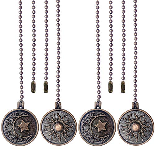 Iceyyyy Newst Style Ceiling Fan Pull Chain Set - 4Pcs 13.4 inches Sun & Moon Pattern Pull Chains Pendant Extension Copper Beaded Ball Fan Pull Chain Extender with Ornaments for Ceiling Light Lamp Fan