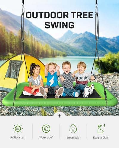 Image of Everyfun Tree Swing for Kids and Adults, 60 inch Waterproof Rectangle Platform Swing, 700lbs Heavy Duty with Adjustable Straps, Green