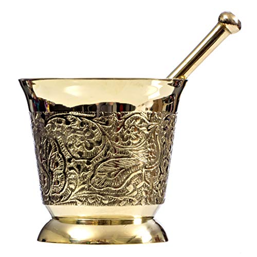 Solid Brass Mortar and Pestle with Intricate Floral Carving