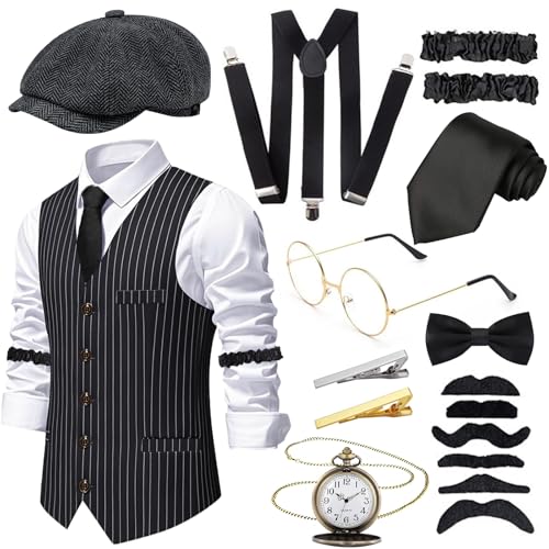 Ensemble de 10 costumes pour homme des années 1920 pour adulte, costume de gangster rétro années 20 rugissant avec gilet, chapeau octogonal, nœud papillon, poignets, lunettes, barbe, pince à cravate