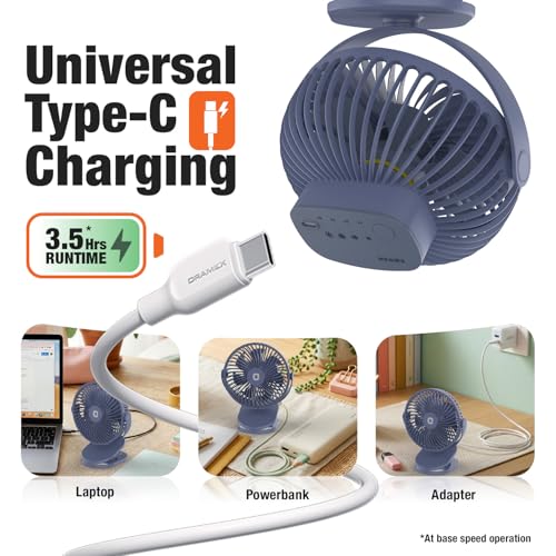 Image of Orient Electric Orbis Rechargeable Personal Fan | 360 Rotation | 1800 mAh Battery | 4 Speed Modes with Timer | Quiet Operation | USB Type-C Charging | Clip-On Mini Fan | Dusk Blue