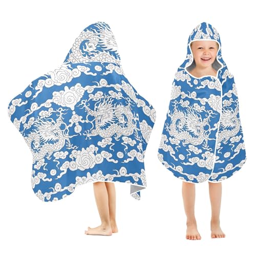 Burbuja Dragons Clouds Hooded Bath Towel for Kids, Soft Absorbent Plush Beach Towel Wrap for Girl Boy Shower 3-10 Yrs, 24x50 in