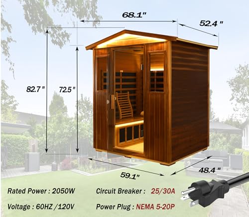 Image of LTCCDSS Ultra-Low EMF Red Cedar Sauna 4-Person, Outdoor Far Infrared Sauna for Home, EMF 0.1-1mG, 6 Carbon Crystal Heaters, Bluetooth & Chromotherapy (68.1 * 52.4 * 82.7 in)