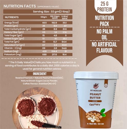 Image of Fit Muscles Coffee Creamy Peanut Butter 500g, 25g Protein, Smooth & Creamy Texture, Rich Coffee Flavour, No Palm Oil, Natural Ingredients, Peanut Butter for Gym, Shakes & Daily Nutrition