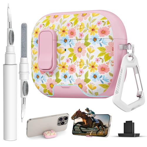 Image of for AirPods Pro 3 Case with Lock & Phone Stand,Cute Floral Pattern Style | PC & TPU Dual Layer Protective Cover with Keychain & Cleaner Pen for Apple AirPod Pro 3rd Generation Women (Dahlia)