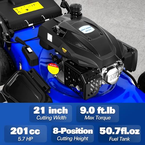 Image of BILT HARD 21 inch Self Propelled Gas Lawn Mower - Powered by a 201cc 4-Cycle OHV Engine, 3-in-1 Functions (Bagging, Mulching & Side Discharge), 8-Position Cutting Height Adjustment, and Easy Start.