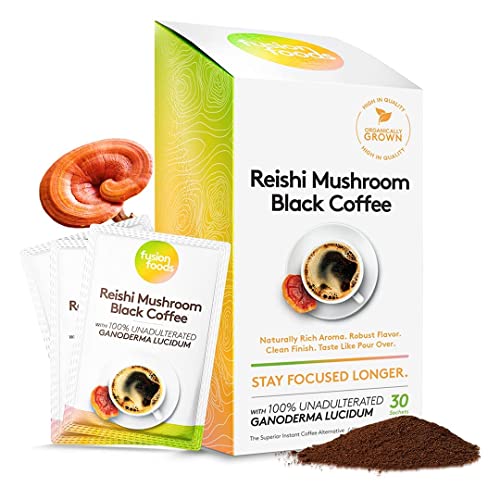Reishi Mushroom Black Coffee By Fusion Foods™ | Stay Focus Longer, Zero Jitters & Immune Support With All Natural Unadulterated Reishi Mushroom Ganoderma | Robust Aroma & Taste - 30 Counts #TOP13