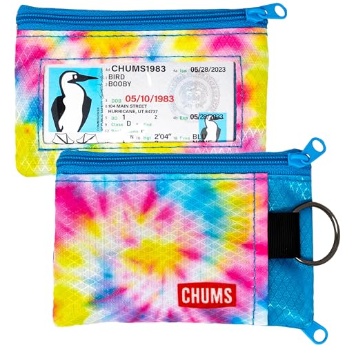 Image of Chums Surfshorts Wallet - Lightweight Slim Wallet with RFID Blocking Card & Clear ID Window - Zippered, Water Resistant w /Key Ring (Pink /Blue Swirl)