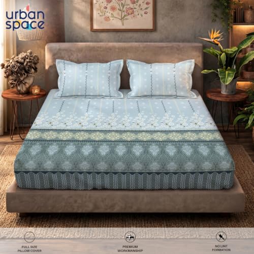 Image of Urban Space Serene 100% Cotton bedsheet for Single Bed, 200 TC Single Bed Sheet, Cotton bedsheet with 1 Pillow Cover (58 x 90 inches, Origami Teal Grey)