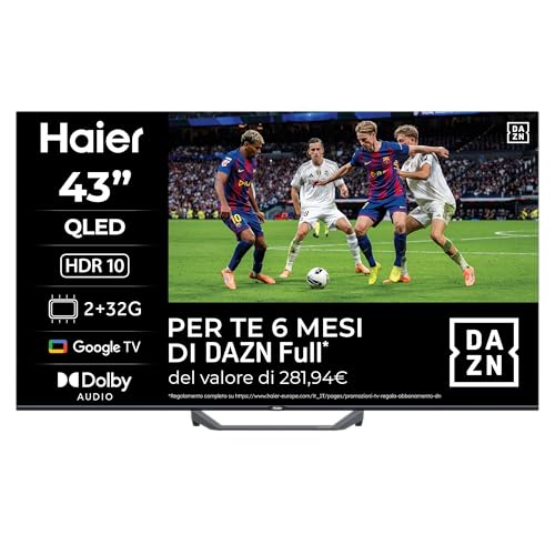 Haier QLED 4K UHD H43S80FUX 43'' Smart TV, Google TV, Dolby Audio, HDR 10, Telecomando Smart, Google Assistant, Bluetooth 5.1, Gaming 120Hz, USB 2.0, DBX TV, HDMI 2.1 x 4 [2025]