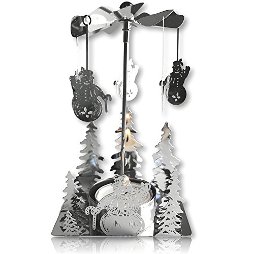 Snowman Spinning Candle Holder - Silver Plated Laser Cut Snowman and Pine Trees - Winter Scene Candle Holder - Swedish Designs