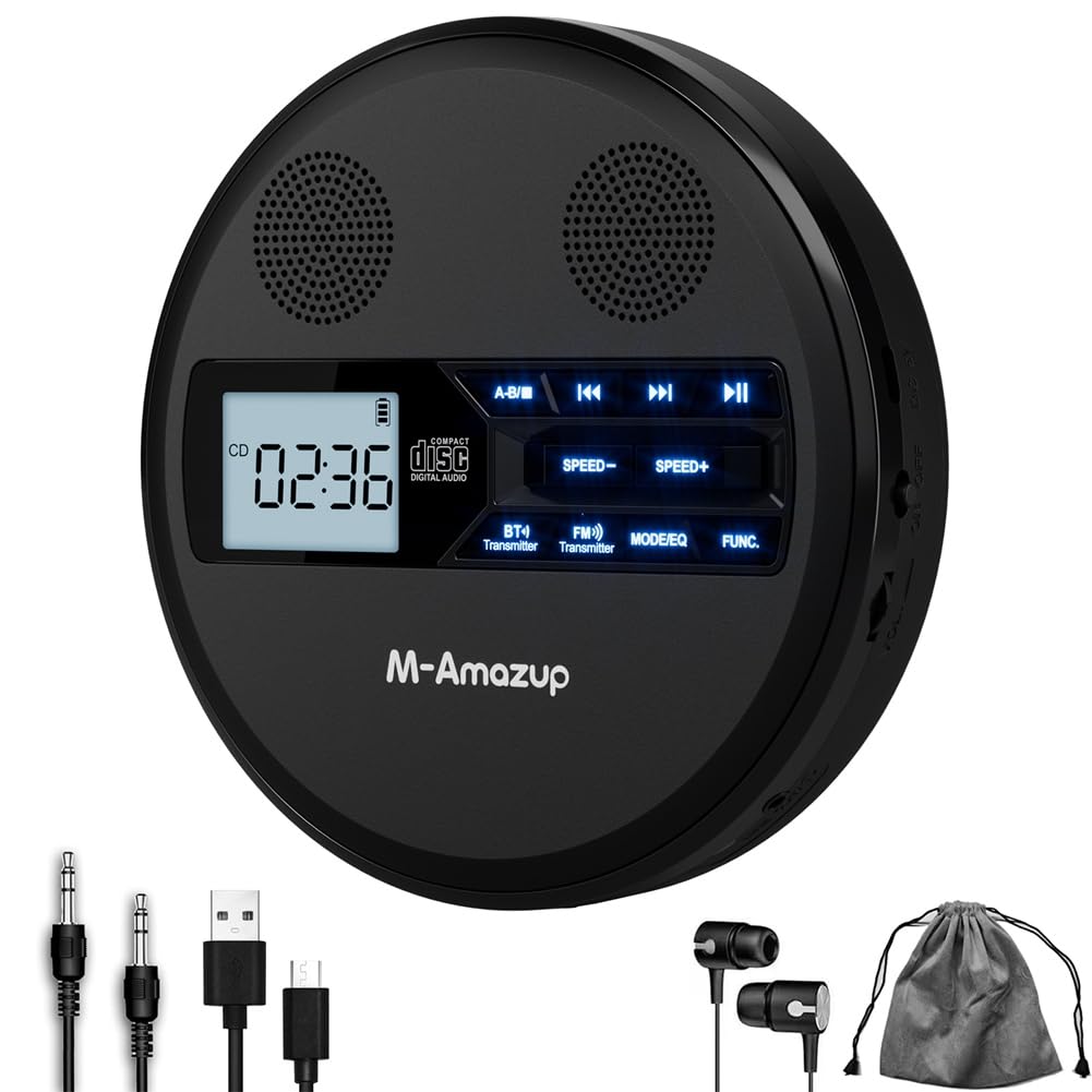 Reproductor de CD Discman Multifuncional con Bluetooth, FM, Auriculares, Repetidor, Máquina de Aprendizaje y Altavoz Estéreo USB Negro.