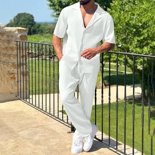 Men's 2 Piece Outfits Textured Button Down Short Sleeve Shirts and Elastic Waist Pants Set Summer Beach Vacation Sets2