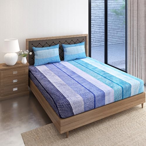 Image of Swayam Pure Cotton King Fitted Bedsheet with 2 Pillow Covers | Size 72 x 78 x 10 inch | 160 TC | Striped Design | Soft Breathable Bed Sheet | Comfortable & Durable for Bedroom - Blue