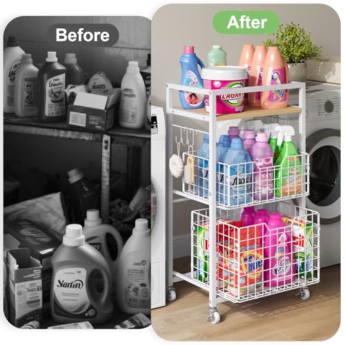 Hongtamoya 3 Tier Laundry Room Cart with Pull-Out Baskets, Storage Cart with Wheels, Rolling Cart with Wood Top Metal Bathroom Laundry Room Organization Mobile Shelf Unit Organizer Trolley, White by Hongtamoya - Used condition - Image 7