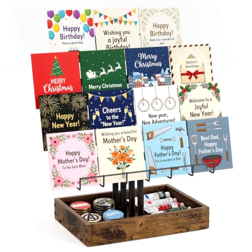 Nuovoware Greeting Card Display Stand 4-Tier Carbon Steel Card Stand with Wooden Storage Box for Vendors Retail Stores Display Rack for Postcard Photo Brochure Sticker Retro Brown