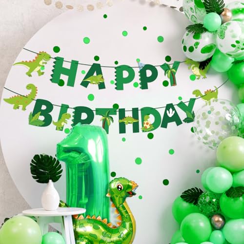 Image of Hooqict Dinosaur Happy Birthday Banner Birthday Party Decorations Dinosaur Party Banner Garland Sign for Kids Boys 1st 2nd 3rd Green Dino Themed Birthday Decorations Supplies