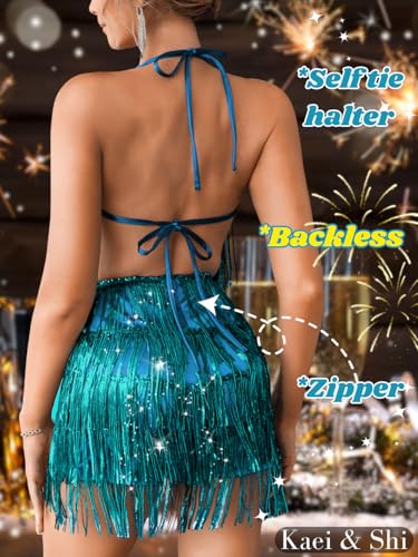 Image of Kaei&Shi Sequin Fringe Romper,Sparkly Glitter Metallic Jumpsuits For Women,Backless Shorts Dress Disco Birthday Dance Outfit