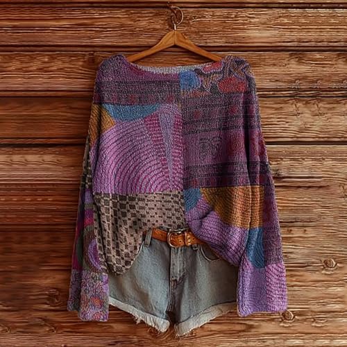 Boho Vintage Sweater for Women Plus Size Oversized Knit Tops 2025 Fall Plain Colorful Long Sleeve Sweatshirt Grandpa Sweaters3