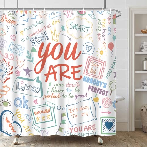 Image of iTapnoom Funny Kids Inspirational Quotes Shower Curtain, Colorful Positive Words Graffiti Artwork Unisex Bathroom Decor Set, Waterproof Polyester Fabric Bath Curtain with Hooks 72x72 Inch