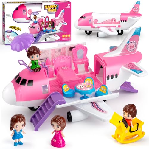 XDUOYJOY Pink Airplane Toy for Kids, Plane Toys with Dolls, Furniture and Accessories for Boys Girls Birthday, Toy Aircraft Push and Go Action, Easy to Store