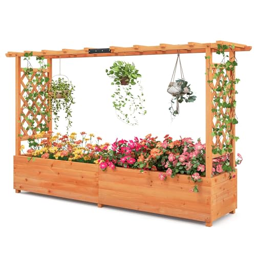HOMASIS Jardiniere Exterieur Grande avec 2 Treillis et Etagère de Toit, Bac à Fleurs Surélevé en Bois pour Plantes Grimpantes, Jardiniere avec Treillis...