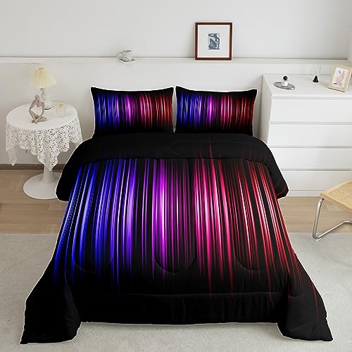 Image of Red Blue and Black Comforter Full Size for Boys Girls, Stripes Comforter Set Ombre Gradient Lines Bedding Set Abstract Duvet Set 3Pcs
